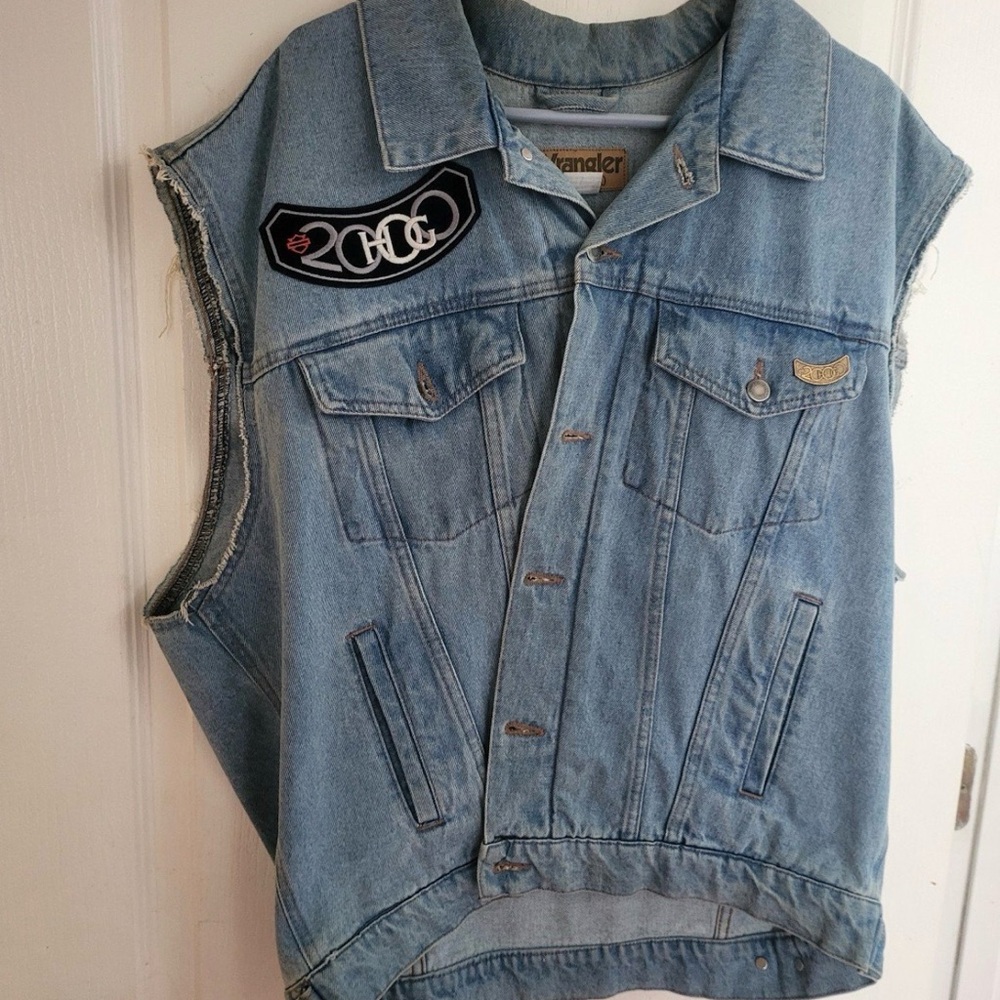 Wrangler Blue Denim Vest with Embroidered Patches